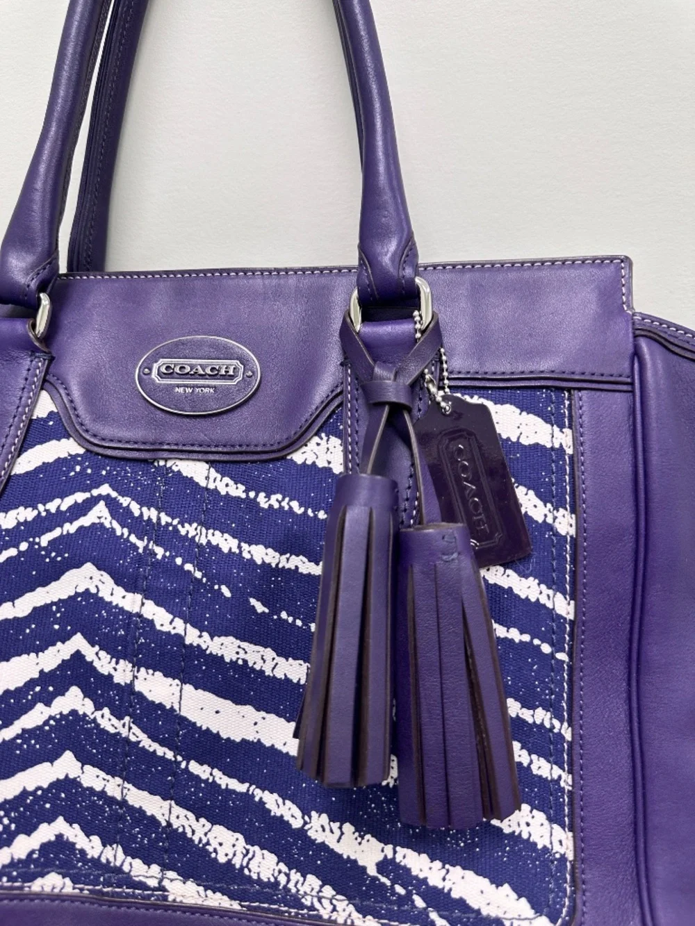 Vintage Coach Legacy Purple Leather and Zebra Printed Canvas Candace Carryall - Picture 5 of 16